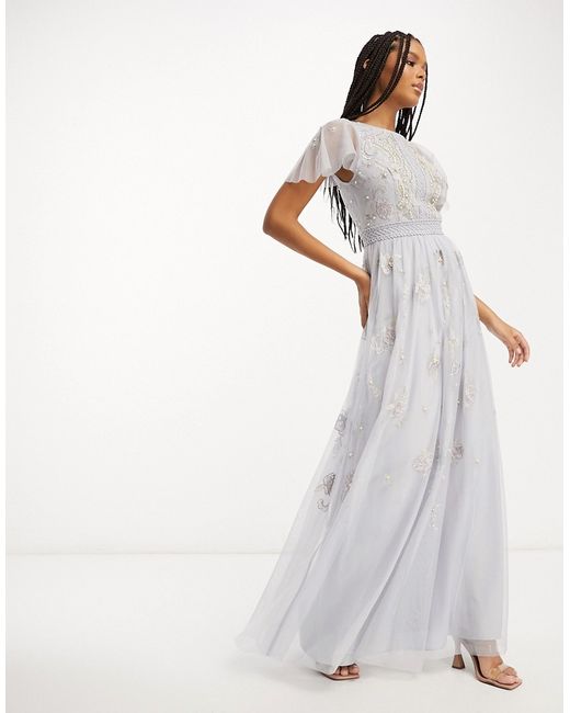 Asos Design Bridesmaid pearl embellished flutter sleeve maxi dress with floral embroidery in light
