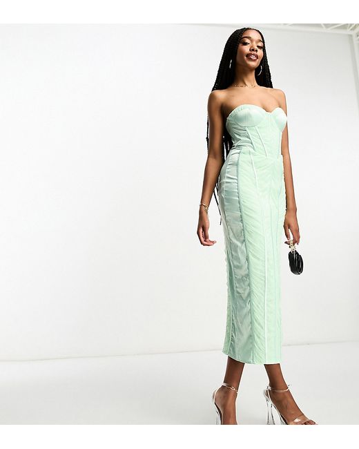 ASOS Tall DESIGN Tall bandeau mesh ruched midi dress with satin insert in sage-