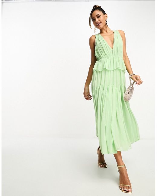 Asos Design plunge pleated tiered midi dress in sage