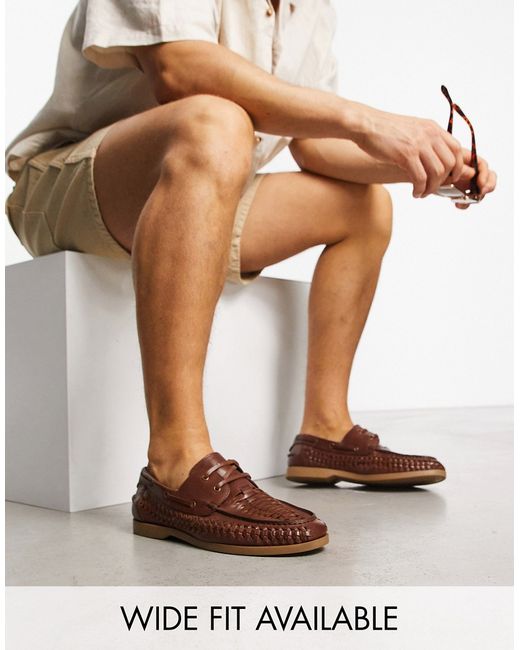 Asos Design boat shoe in tan leather with weave detail-