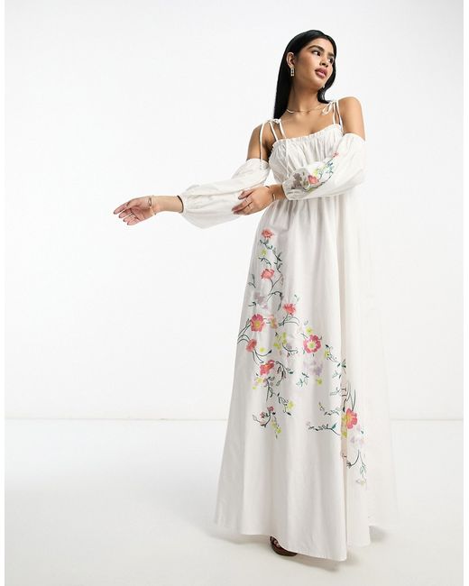 Asos Design embroidered off shoulder cotton maxi dress with ruched bust detail in