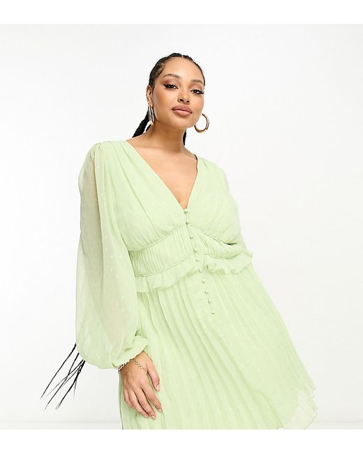ASOS Curve DESIGN Curve button through ruched waist pleated mini dress in metallic texture apple