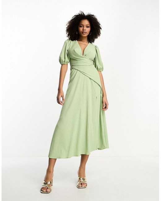 Asos Design puff sleeve pleat drape midi dress in mint-