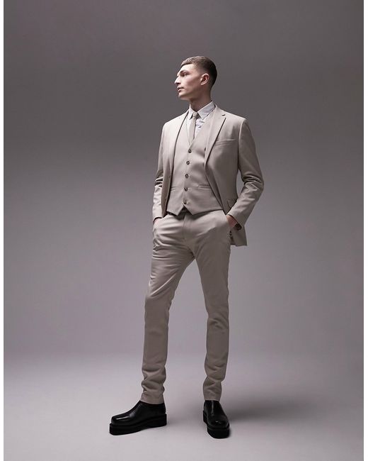 Topman super skinny herringbone texture suit pants in stone-
