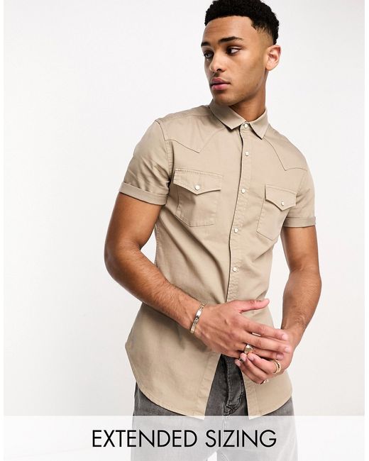 Asos Design stretch skinny denim shirt in taupe-