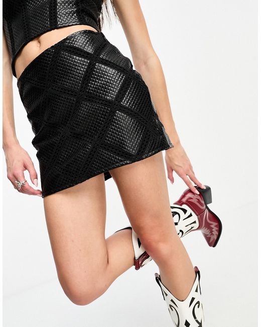 Asos Design faux leather mini skirt with lace detail in part of a set
