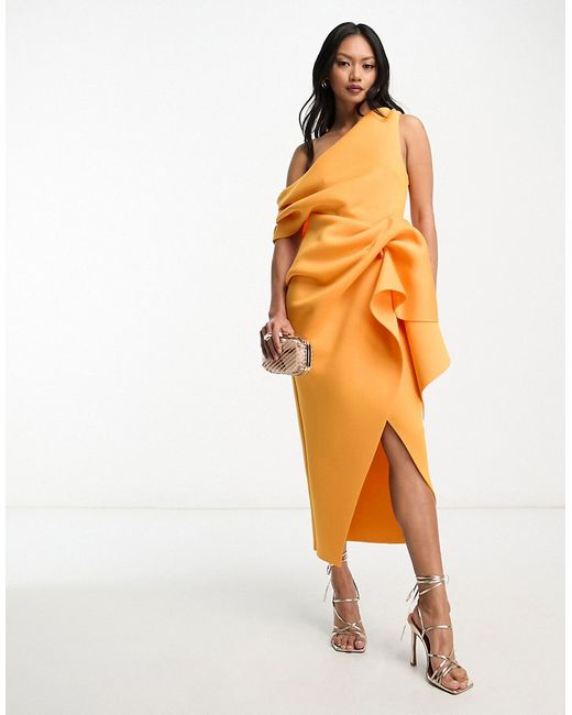 Asos Design fallen shoulder manipulated tuck body-conscious midi dress in marigold-