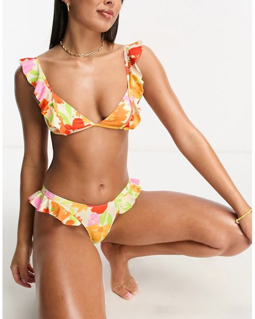 Miss Selfridge painted bright floral frill bikini top-