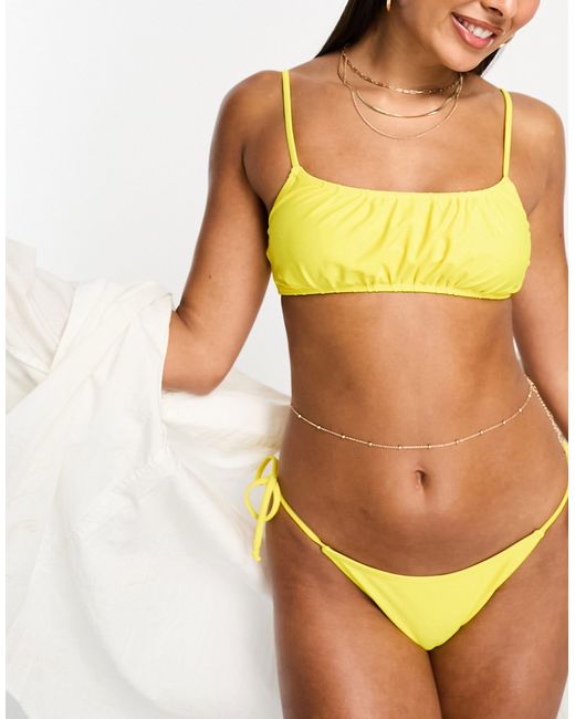 Miss Selfridge mix and match ruched bikini top in yellow-