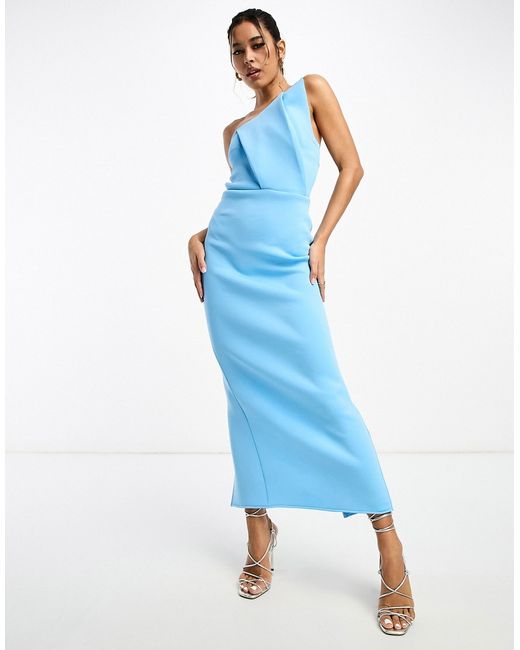 Asos Design bandeau asymmetric neck pleat midi pencil dress in blue-