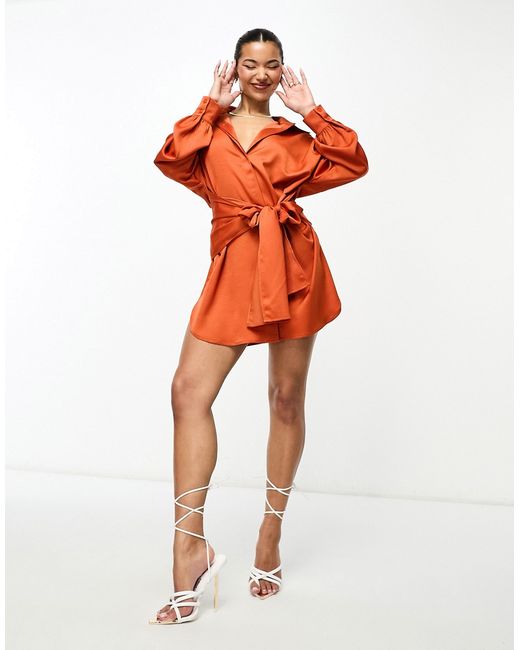 Aria Cove satin tie front volume sleeve shirt dress in rust-