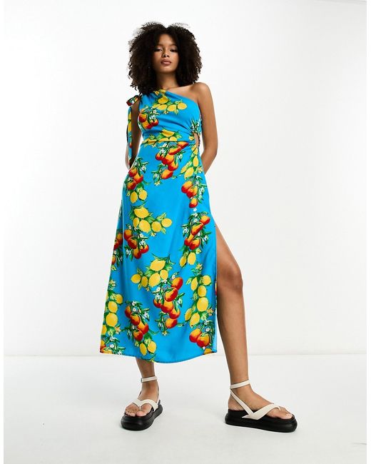 Asos Design one shoulder cut out midi dress in blue fruit print-