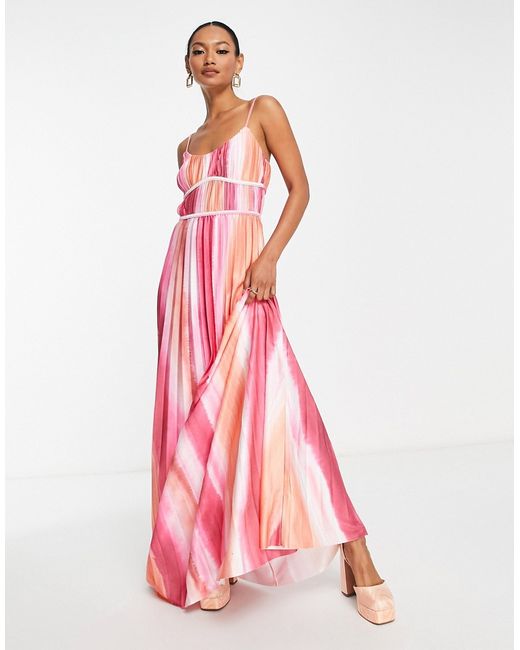 Asos Design satin plisse maxi dress in pink tie dye print-