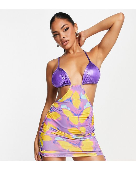 AsYou foil bralette with cut out mini dress in butterfly print-