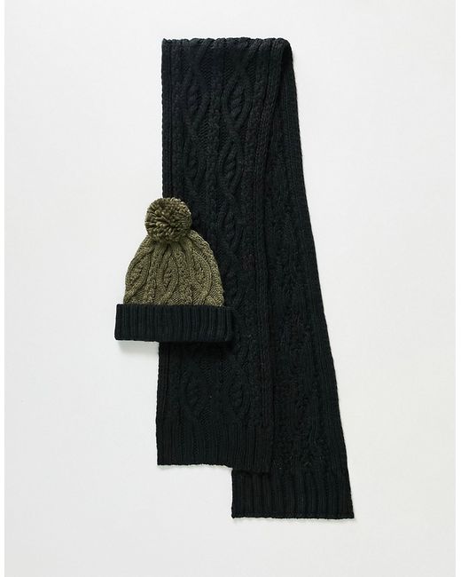 French Connection two-tone cable knit hat and scarf set in green