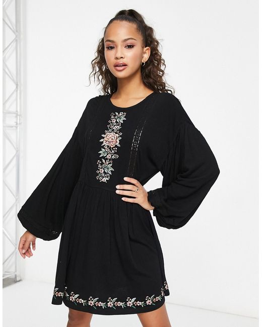 Asos Design long sleeve mini smock dress with lace detail and floral embroidery in