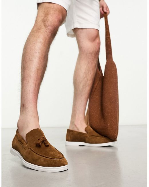 Asos Design Loafers In Tan Suede With White Sole-