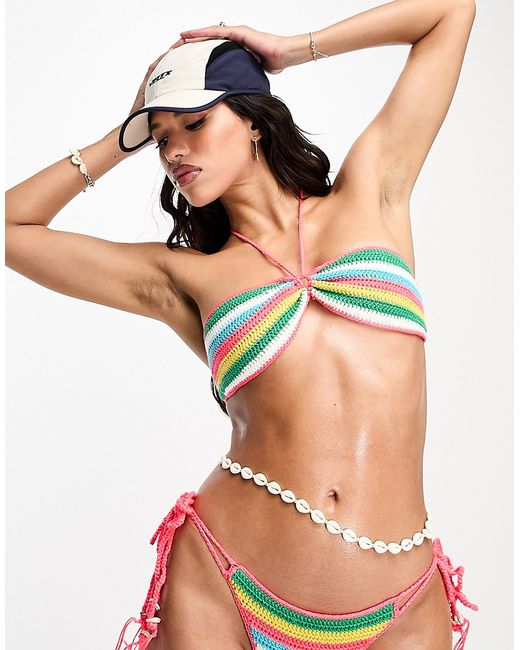 Asos Design crochet halter bandeau bikini top in bright stripe-