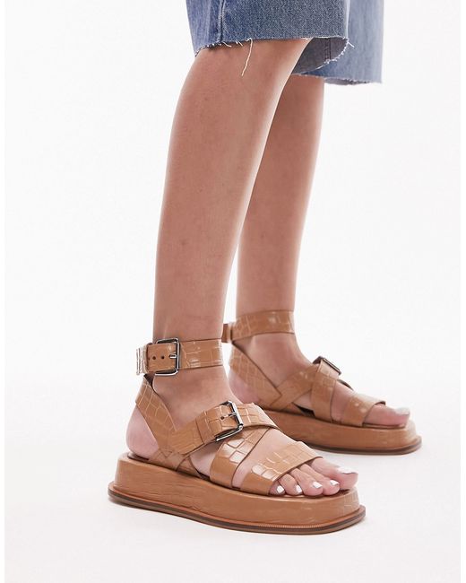TopShop Jax leather chunky flat sandals with buckle in camel-
