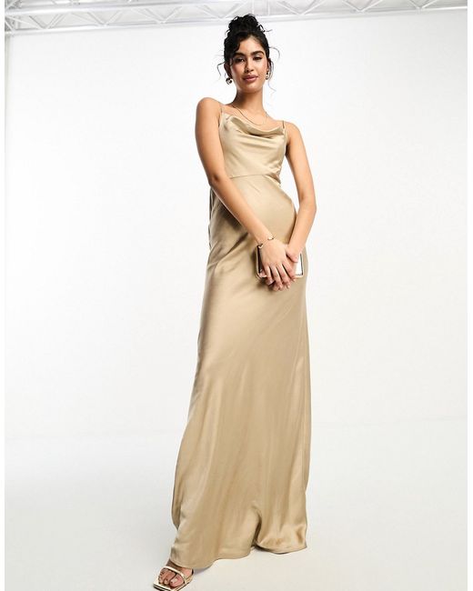 Six Stories Bridesmaids cowl front satin slip dress in champagne-