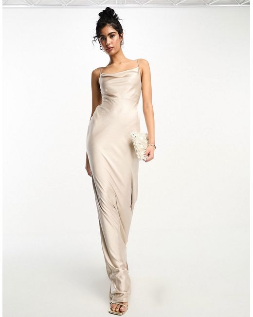 Six Stories Bridesmaids cowl front satin slip dress in oyster-
