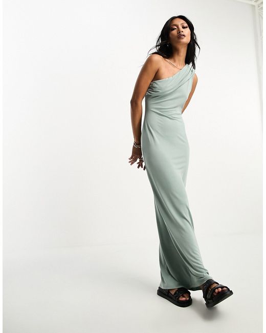 Asos Design draped one-shoulder maxi dress in sage-