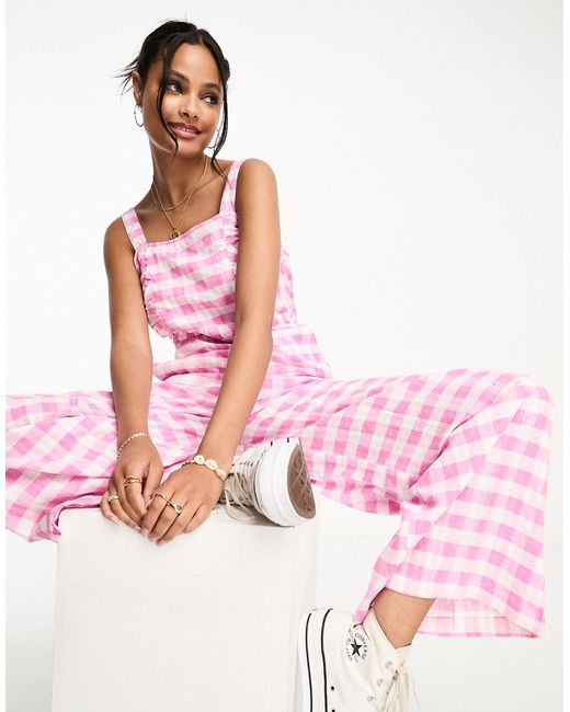Monki sqaure neck jumpsuit with front ruching in gingham