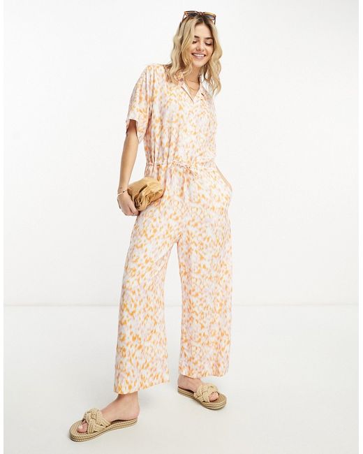 Monki loose fit jumpsuit in lilac and orange blur print-