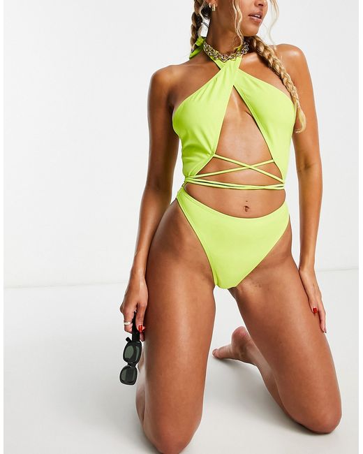 Brave Soul halter cut out wrap swimsuit in neon lime