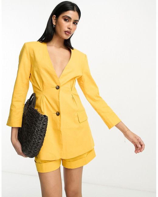 Asos Design linen collarless suit blazer in citrus-