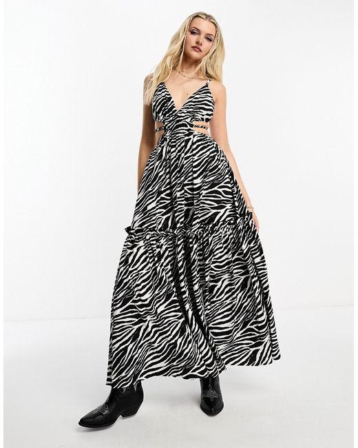 Miss Selfridge textured festival cut out strappy maxi dress in monochrome zebra-