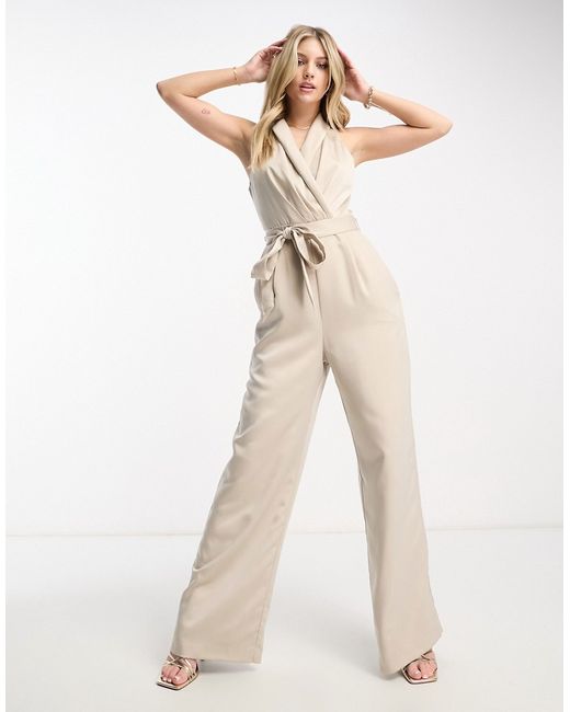 Ever New sleeveless jumpsuit with belt in stone-