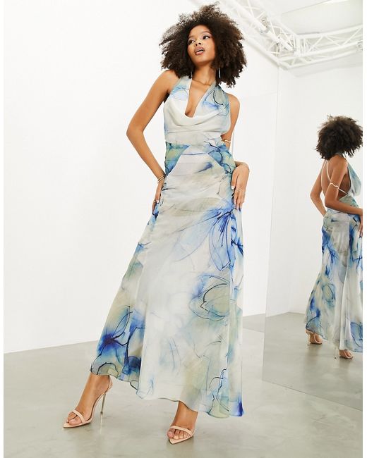 ASOS Edition sheer statement cowl neck maxi dress in blue watercolour print-