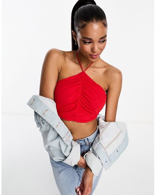 Pull & Bear ruched halterneck crop top in red-