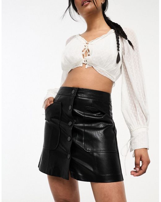 Stradivarius PU mini skirt with button front in