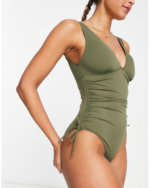 Accessorize ruched side shaping swimsuit in khaki-