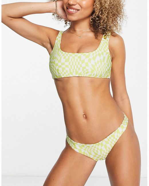 Volcom check her out reversible scoop bikini top in checkerboard-