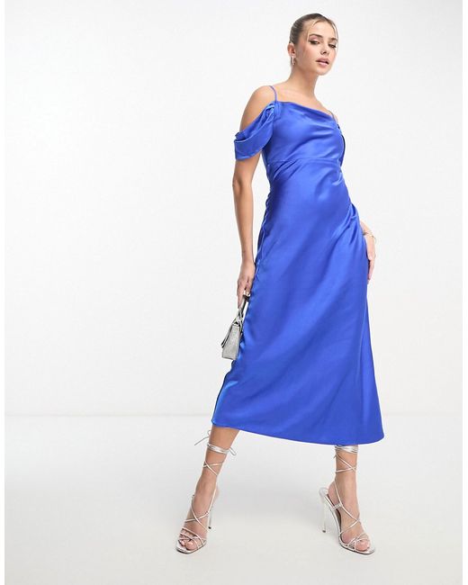 Style Cheat cold shoulder satin midaxi dress in cobalt-