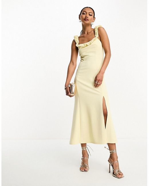 Asos Design scrunch neck soft textured a-line midi dress in pastel lemon-