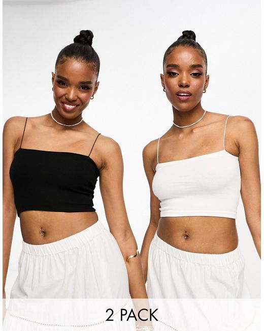 Pull & Bear 2 pack strappy ribbed tube crop top in white