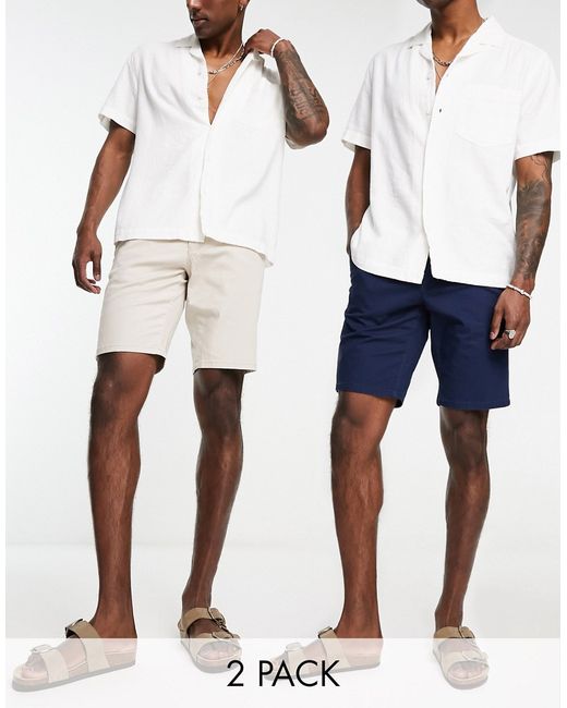 Only & Sons slim fit 2 pack chino shorts in navy beige-