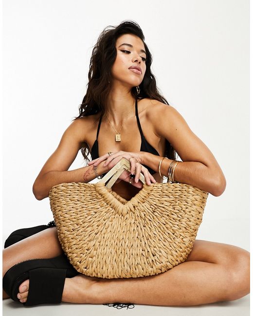 Asos Design straw tote bag with feature resin handle in natural-