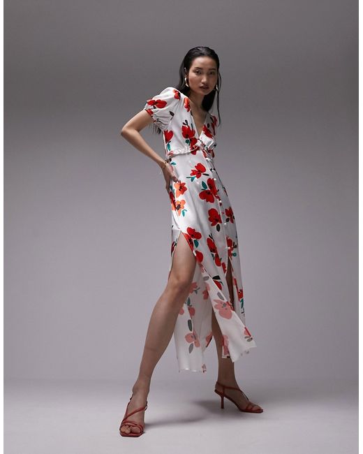 TopShop v neck flutter sleeve printed maxi dress with in poppy print-