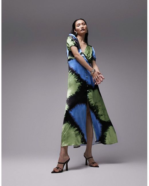 TopShop v neck flutter sleeve printed maxi dress with in blue and green-