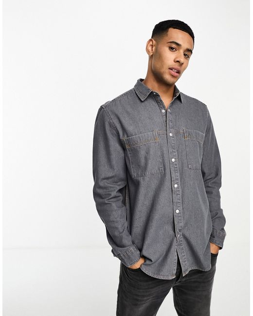 Asos Design denim overshirt with double pockets in washed black-
