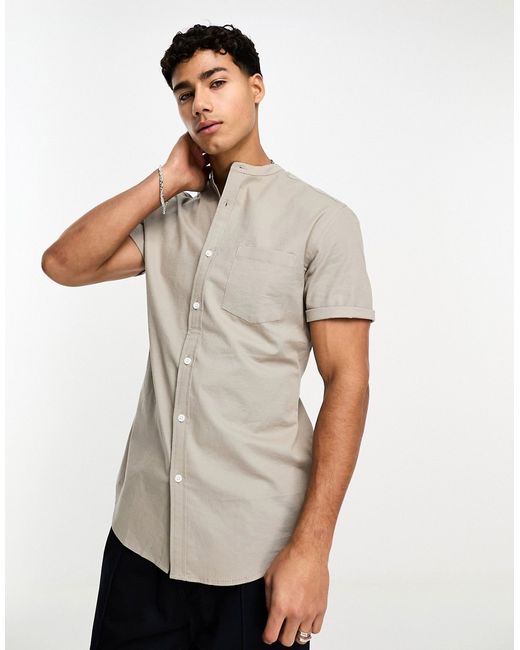 Asos Design slim fit oxford shirt with band collar in khaki-
