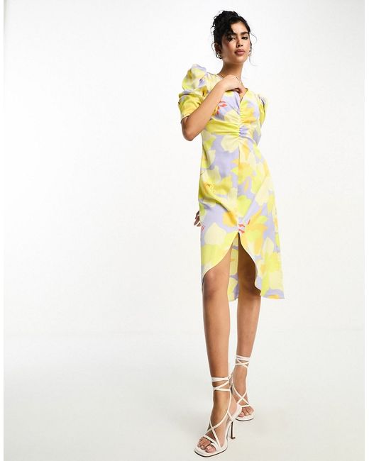 Vila satin split front midi dress in lilac and yellow floral-
