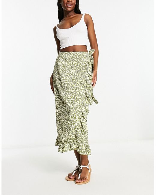 Vila wrap midi skirt with frill detail in ditsy floral