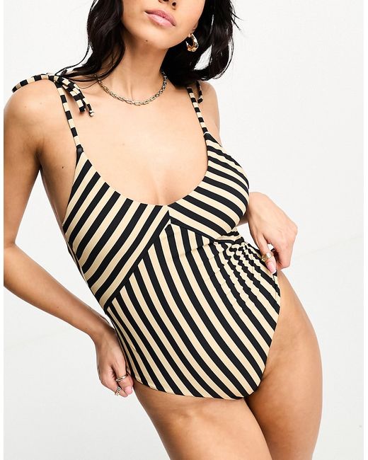 Vero Moda tie shoulder swimsuit in cream and black stripe-