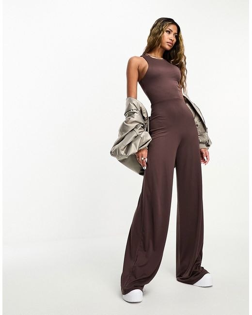 Asos Design soft touch racer neck jumpsuit with wide leg in chocolate-